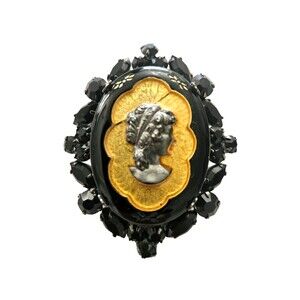 Vintage Mourning Style Cameo Brooch Black Jet Rhinestone Victorian Revival Goth